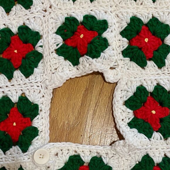 Vintage Crochet Christmas Tree Skirt Granny Squares Handmade 51” Red Green - Picture 10 of 12